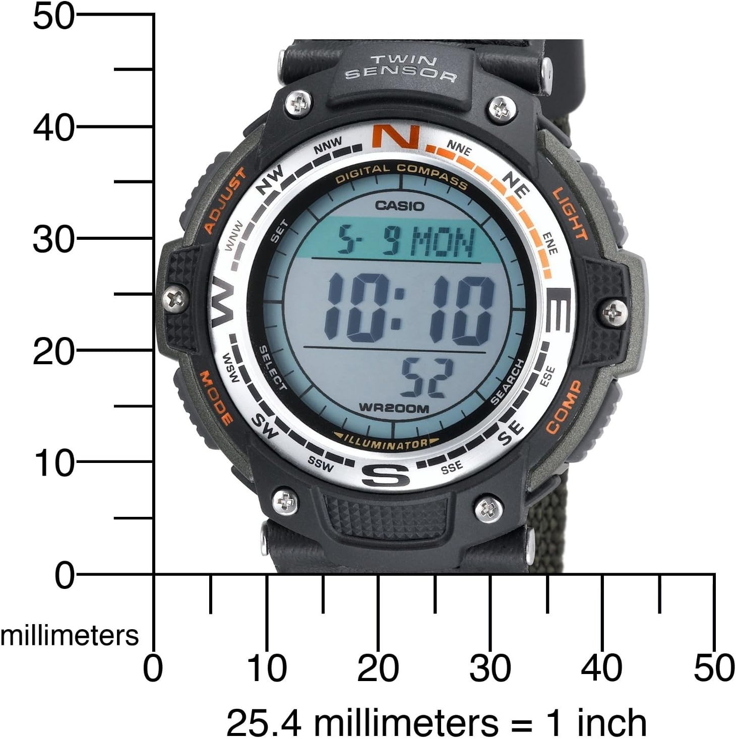 image:imageCasio SGW100 Series Digital Watch amp Compass 200M WR 100 SEC Stopwatch Twin Sensor for Direction amp Temperature Low Temp Resistant World Time Auto Calendar Multi AlarmGreenFabric Strap