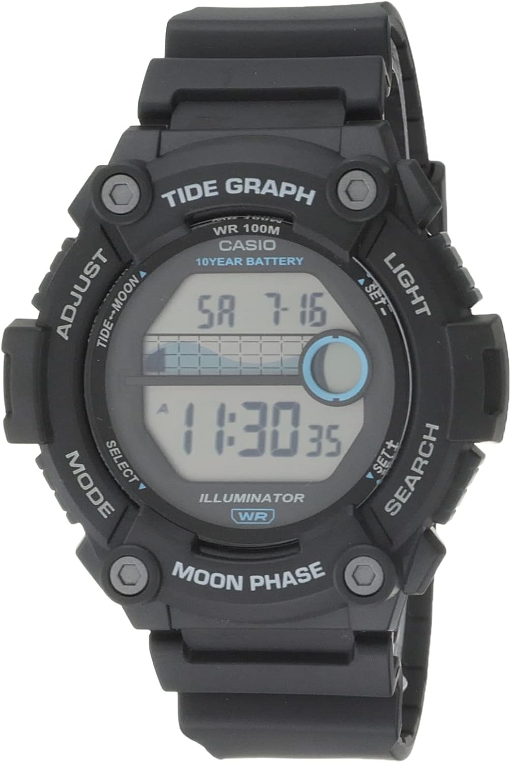 image:imageCasio WS1300H Series Digital Watch 100 Meter Water Resistance LED Backlight 1100 SEC Stopwatch Tide Graph Coundtown Timer LED Light Multi Function Alarms 10 Year BatteryBlack