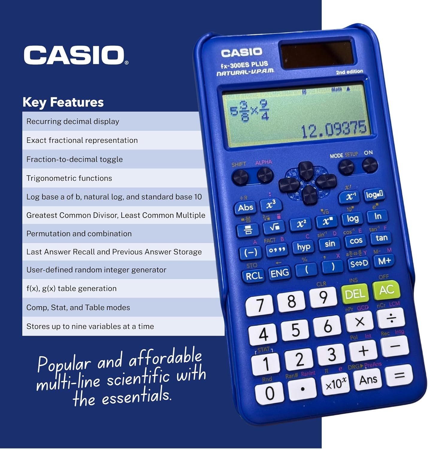 image:imageCasio fx300ES Plus 2nd Edition Standard Scientific Calculator 262 Functions Natural Textbook Display Ideal for Middle High School Math Statistics amp Algebra BlackBlue