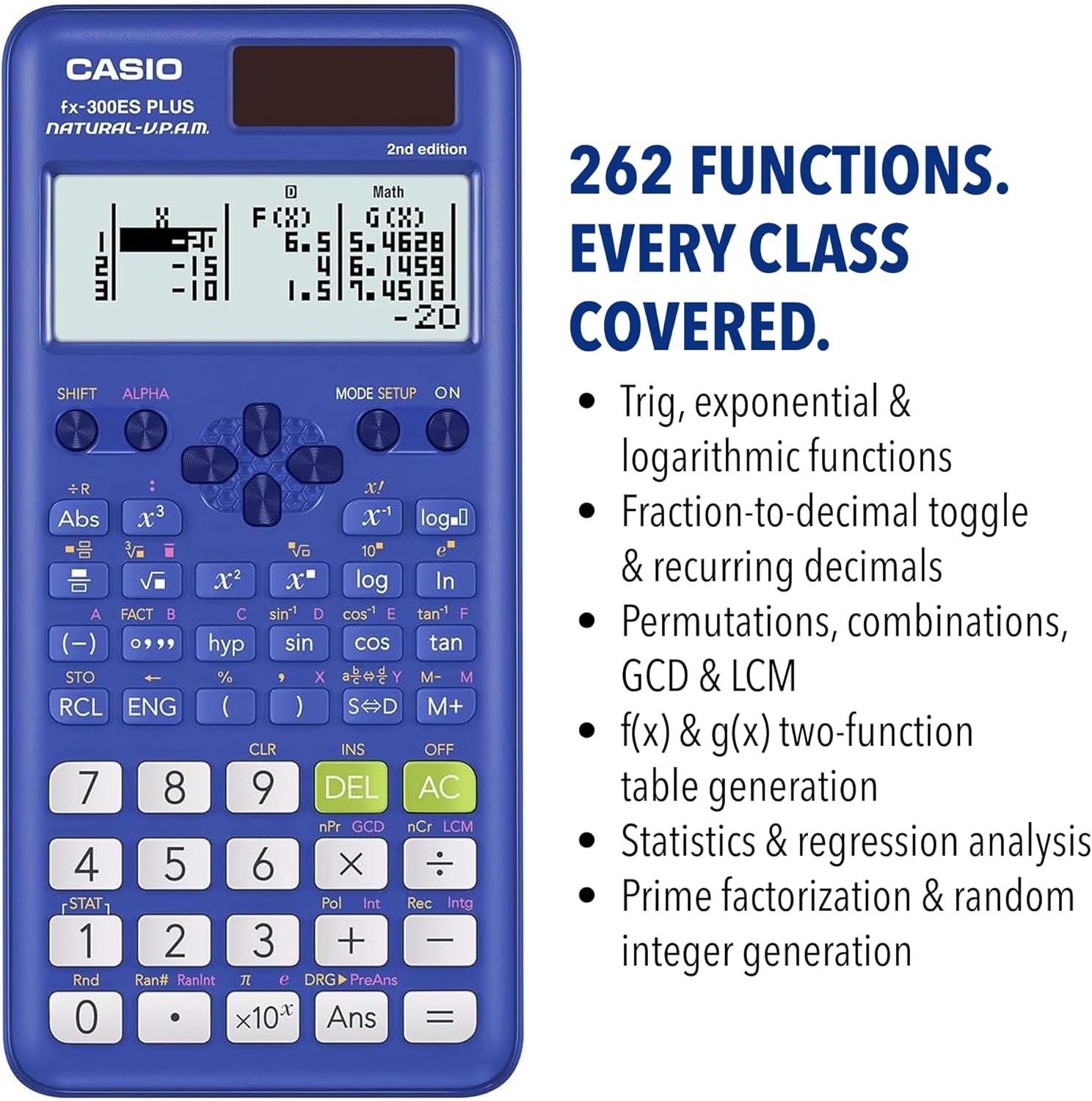 image:imageCasio fx300ES Plus 2nd Edition Standard Scientific Calculator 262 Functions Natural Textbook Display Ideal for Middle High School Math Statistics amp Algebra BlackBlue