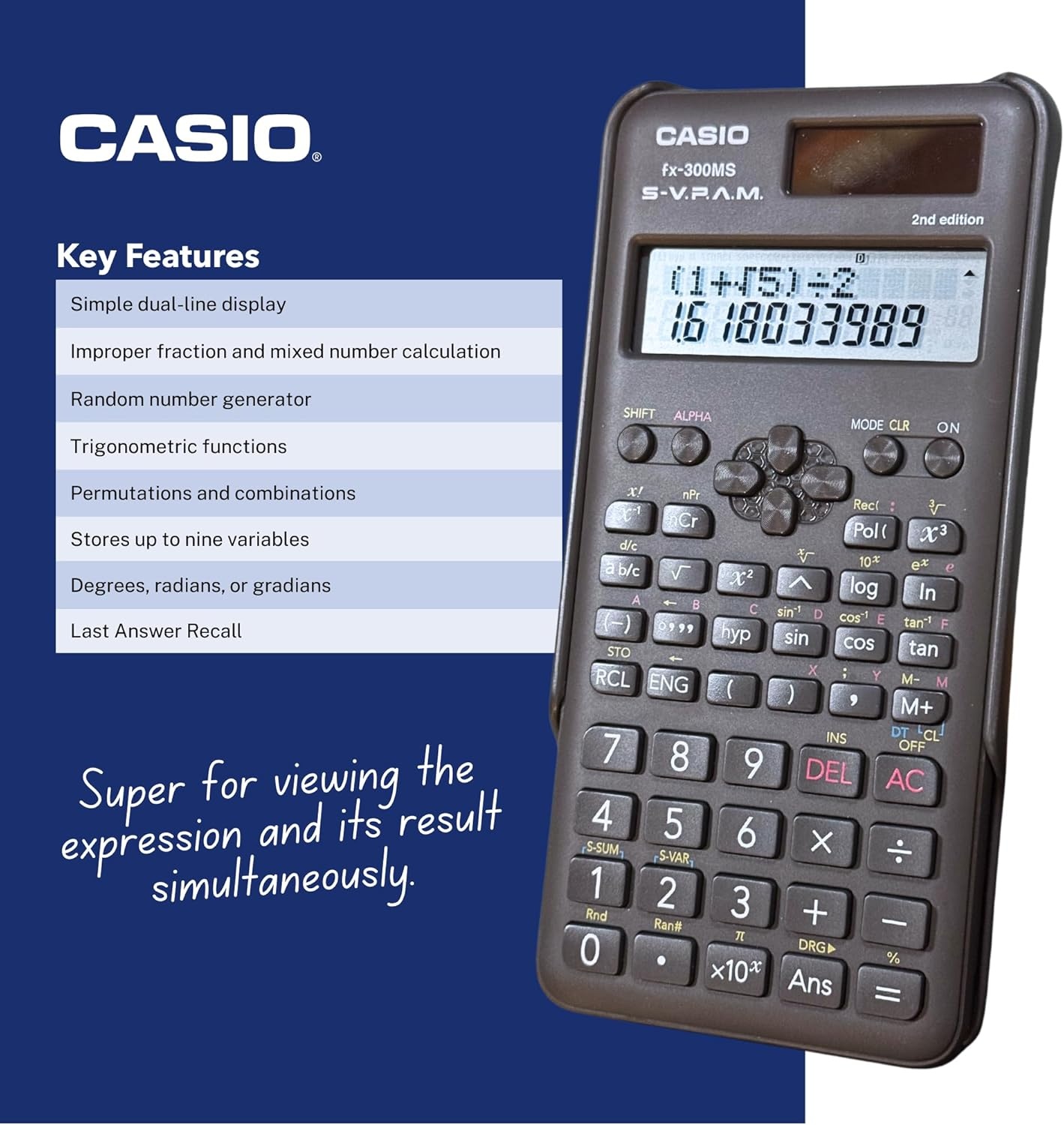 image:imageCasio fx300MS Plus 2nd Edition Standard Scientific Calculator with 2Line Display 10Digit LCD Trig Stats Fractions Ideal for High School Algebra Trigonometry amp Test PrepCalculator
