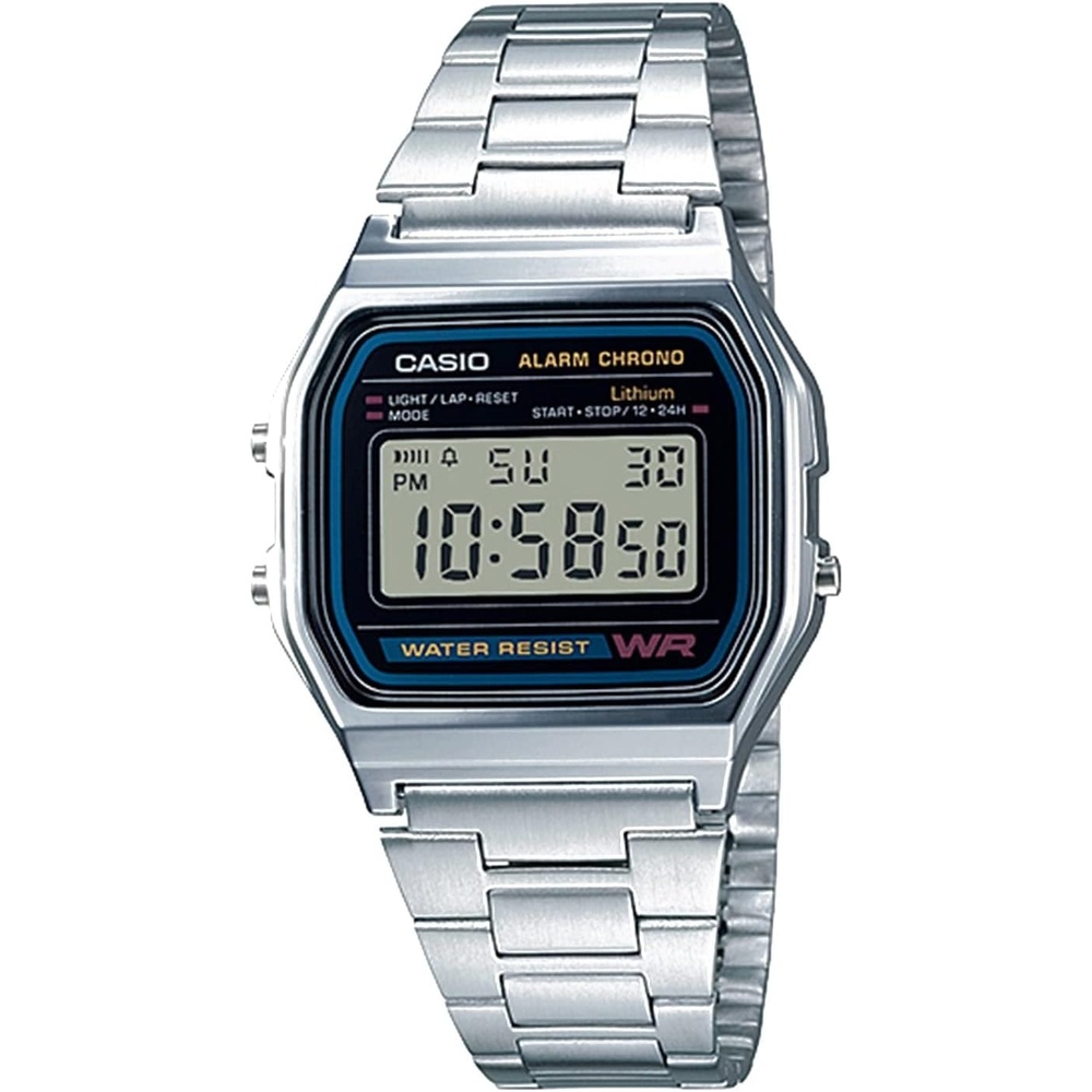 image:imageCasio A158WA Series Unisex Digital Watch Vintage WR 100 SEC Stop Watch Daily Alarm Regular Time Keeping Hour Minute Second PM Date Day Led Light 7 Yr BatterySilver