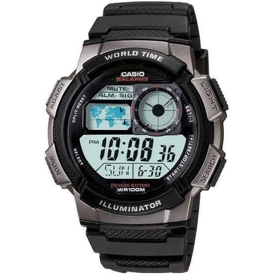 image:imageCasio AE1000W Series Mens Digital Watch 100M WR Multi Alarms 100 SEC Stopwatch Countdown Timer World Map for World Time LED Light LC Analog Display 10 Year BatteryBlack