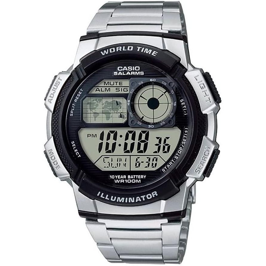 image:imageCasio AE1000W Series Mens Digital Watch 100M WR Multi Alarms 100 SEC Stopwatch Countdown Timer World Map for World Time LED Light LC Analog Display 10 Year BatterySilver