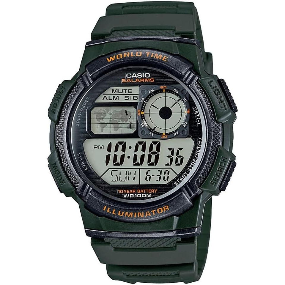 image:imageCasio AE1000W Series Mens Digital Watch 100M WR Multi Alarms 100 SEC Stopwatch Countdown Timer World Map for World Time LED Light LC Analog Display 10 Year BatteryGreen