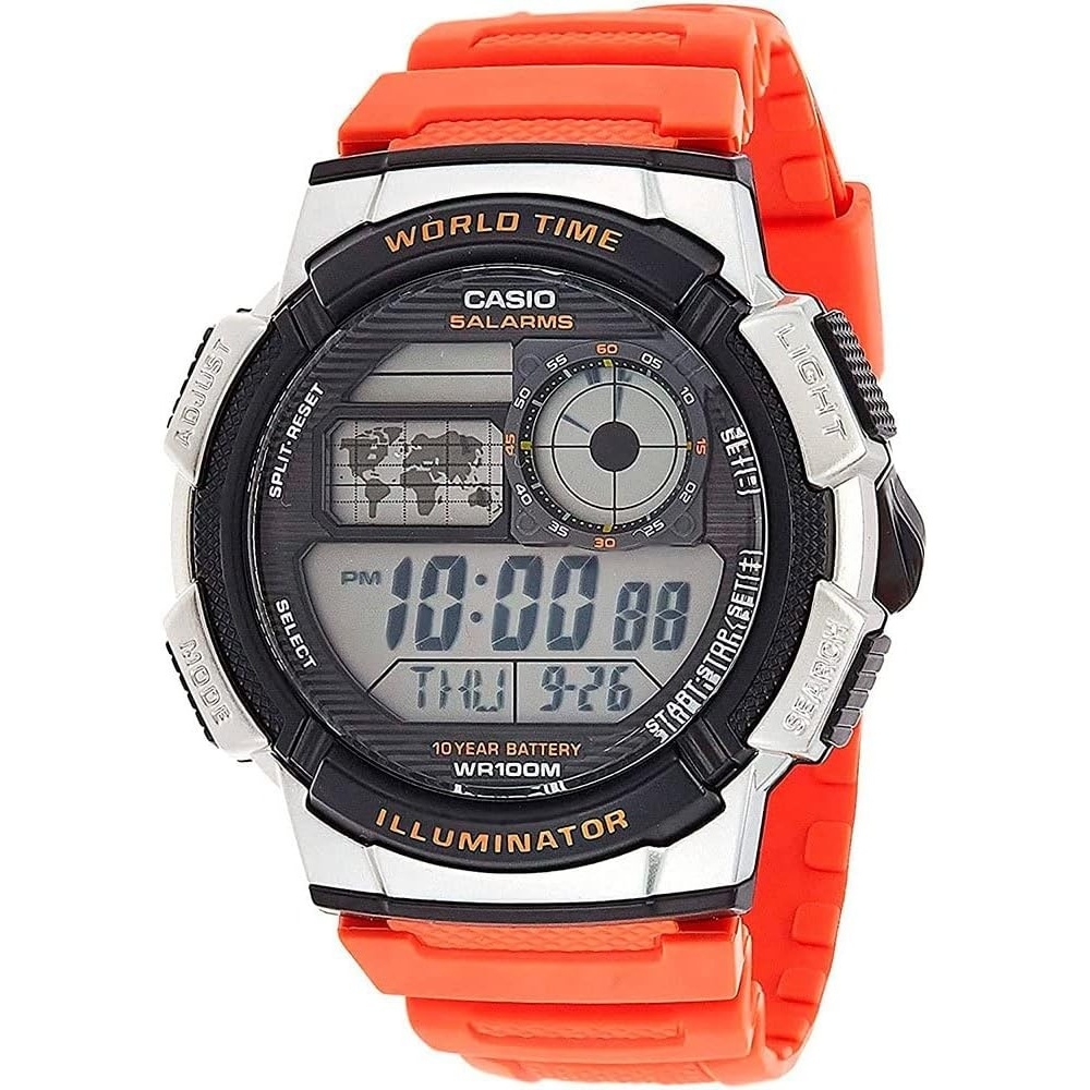 image:imageCasio AE1000W Series Mens Digital Watch 100M WR Multi Alarms 100 SEC Stopwatch Countdown Timer World Map for World Time LED Light LC Analog Display 10 Year BatteryOrange