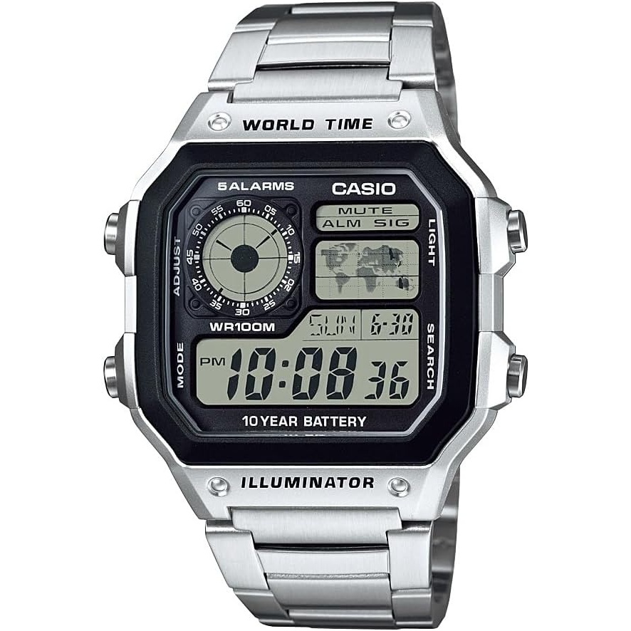 image:imageCasio AE1200WH Series Mens Digital Watch 100M WR Multi Alarms 100 SEC Stopwatch Countdown Timer World Map for World Time LED Light LC Analog Display 10 Year BatterySilver