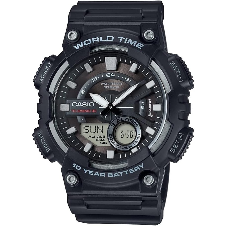image:imageCasio AEQ110BW Series Mens AnalogDigital Watch 100M WR Multi Alarms 100 SEC Stopwatch Countdown Timer World Map for World Time LED Light LC Display 10 Year BatteryBlack
