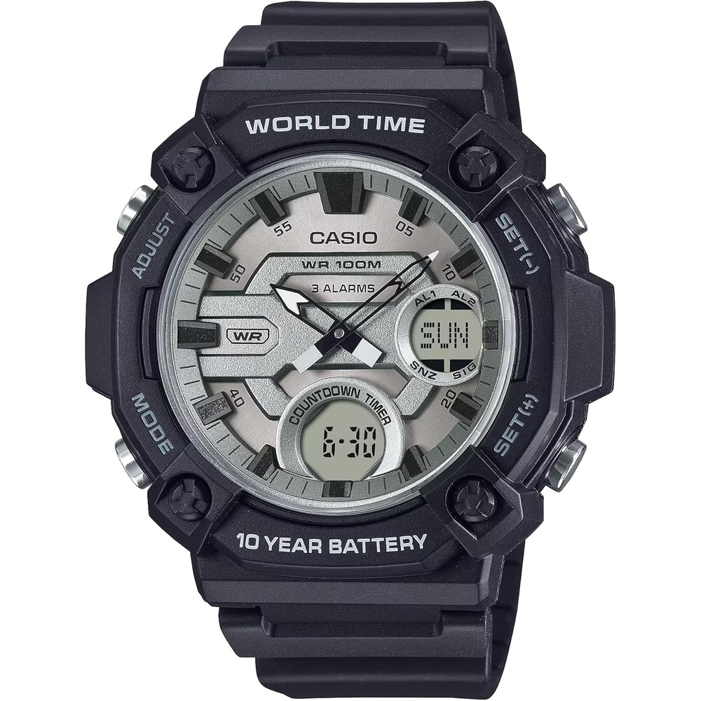 image:imageCasio AEQ120W Series 10Year Battery World Time Daily Alarm Countdown Timer AnalogDigital WatchBlackSilver