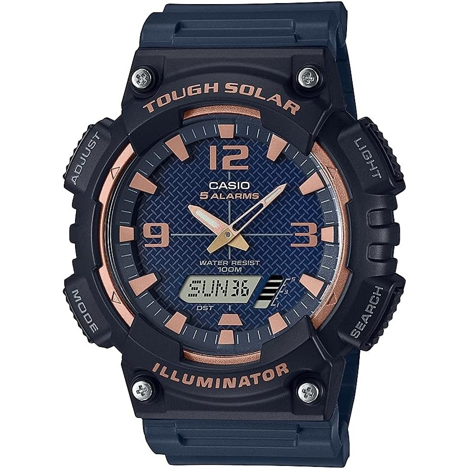 image:imageCasio AQS800W Series Analog Digital Watch 100M WR Solar Powered 1100 SEC Stop Watch 6Language Day of The Week Indicator Countdown Timer LED Light Multi AlarmRose Gold