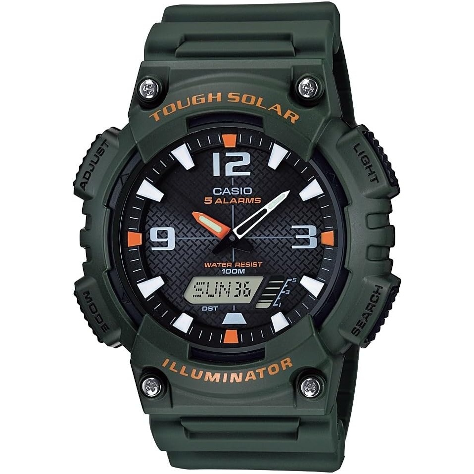 image:imageCasio AQS800W Series Analog Digital Watch 100M WR Solar Powered 1100 SEC Stop Watch 6Language Day of The Week Indicator Countdown Timer LED Light Multi AlarmGreen