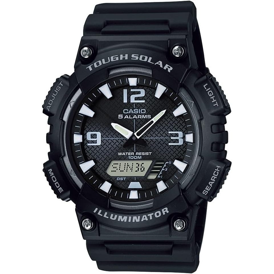 image:imageCasio AQS800W Series Analog Digital Watch 100M WR Solar Powered 1100 SEC Stop Watch 6Language Day of The Week Indicator Countdown Timer LED Light Multi AlarmBlack