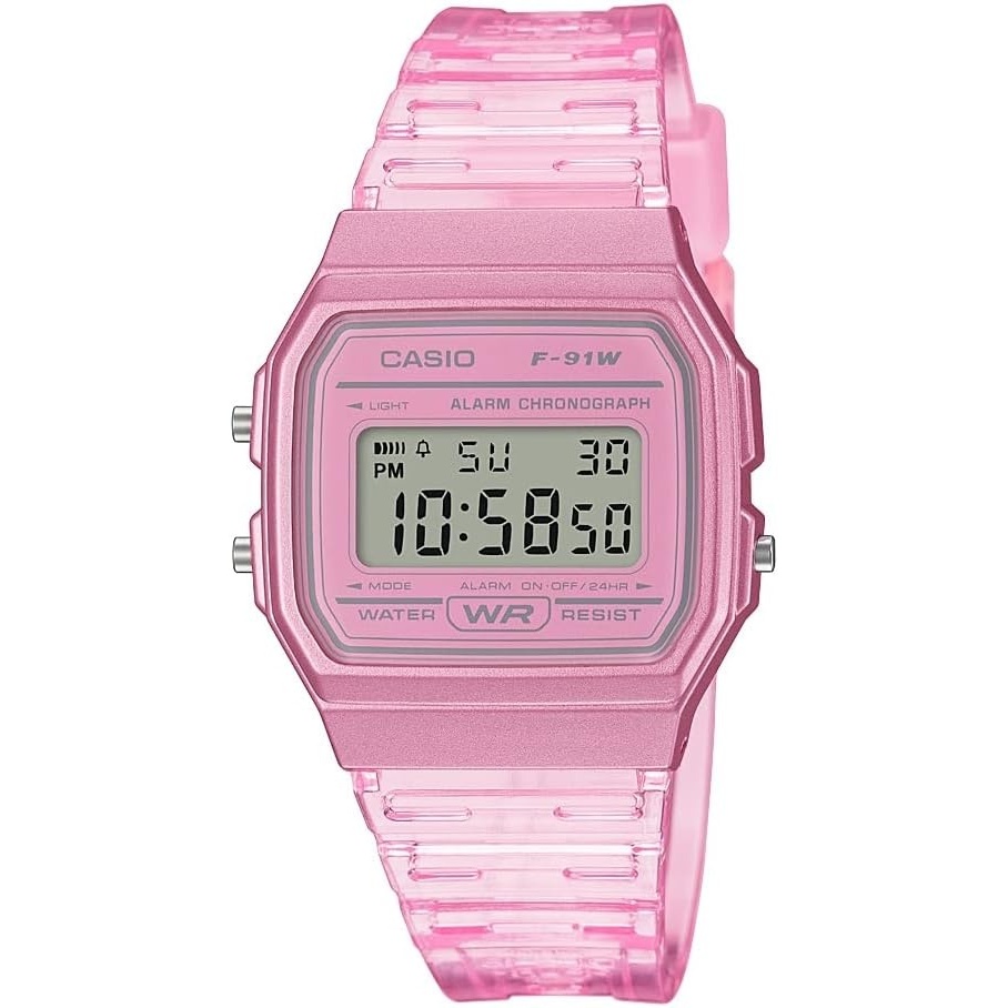 image:imageCasio F91W Series Digital Watch Water Resistant LED Light 1100 SEC Stopwatch Regular Time Keeping HR Min SEC PM Date Day Daily Alarm Lightweight 7 Year BatteryClear Pink