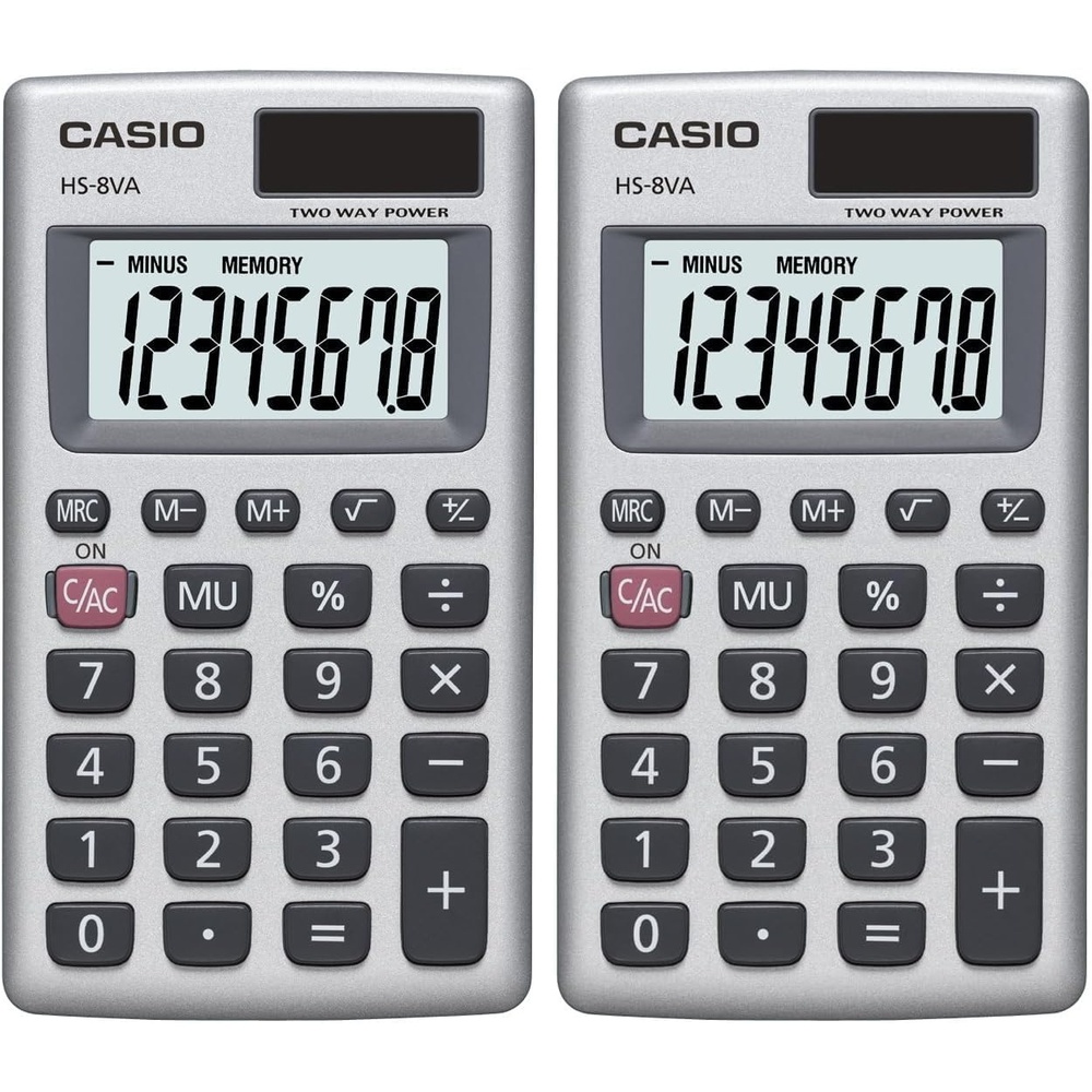 image:imageCasio HS8VA Mini 6Function Calculator Large 8Digit LCD Display Solar Powered with Battery Backup Standard Function Portable Pocket Size1 Count Pack of 2