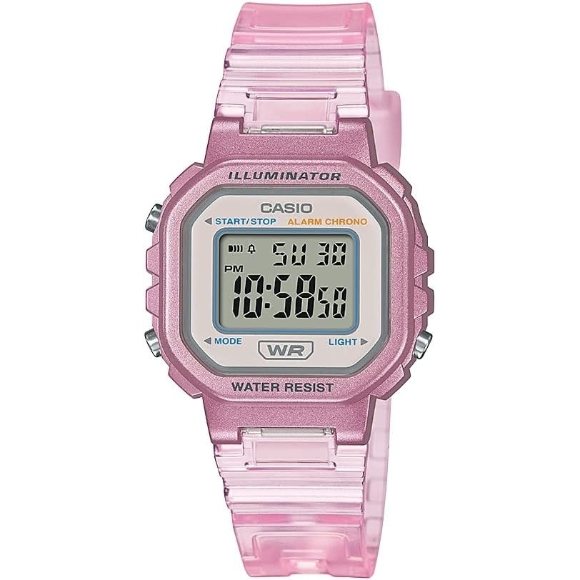image:imageCasio LA20WH Series  Womens Digital Watch  Water Resistant  LED Light  Auto Calendar  Date Display  1100 SEC Stopwatch  Regular Time Keeping HR Min SEC PM Date Day  5 Yr BattPink