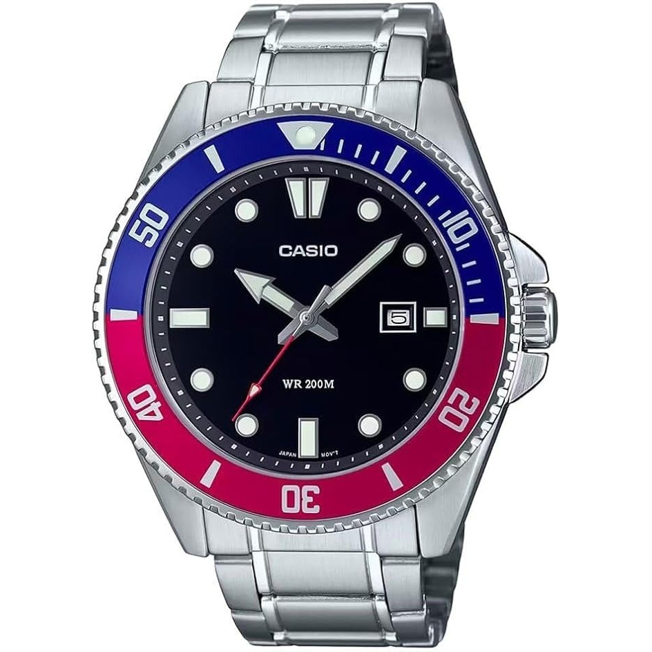 image:imageCasio MDV106 Series  Unisex Analog Watch  200M WR  Stainless Steel Case  Resin Band  2 Hand Analog HR Min SEC  Date Display  Screw Down CrownScrew Down Caseback  3 Year BatteryBlueRedSilver