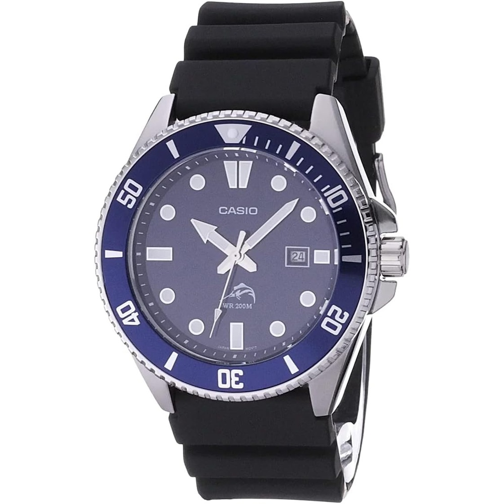 image:imageCasio MDV106 Series  Unisex Analog Watch  200M WR  Stainless Steel Case  Resin Band  2 Hand Analog HR Min SEC  Date Display  Screw Down CrownScrew Down Caseback  3 Year BatteryBlue