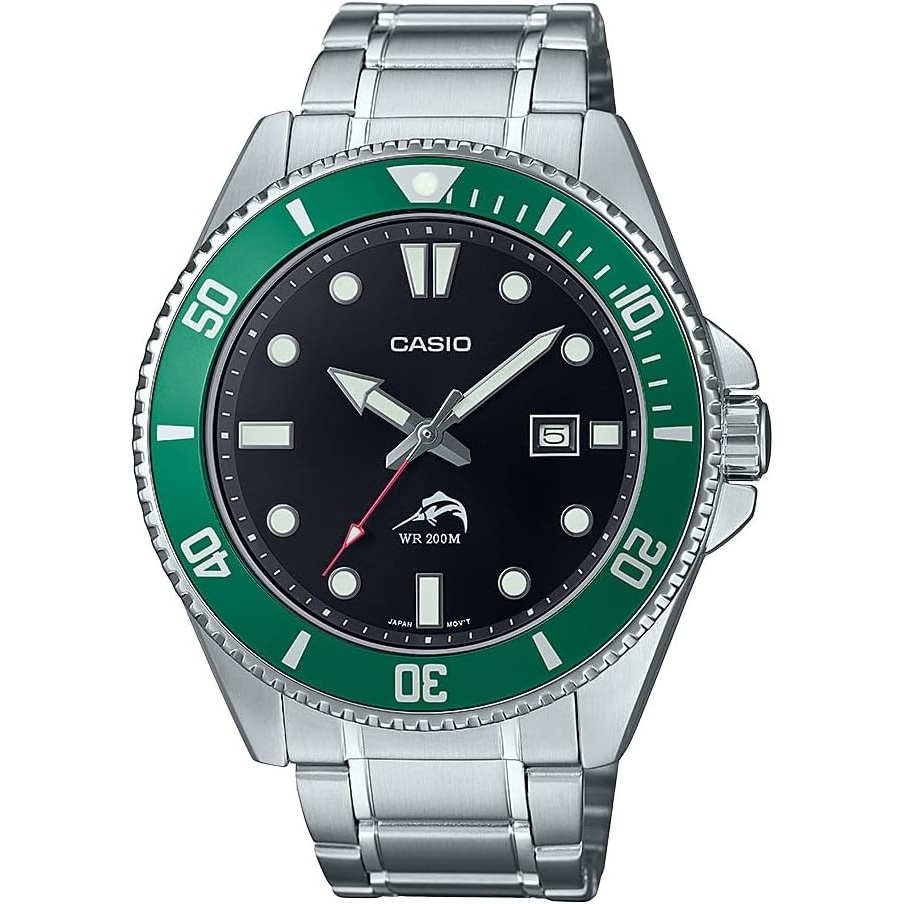 image:imageCasio MDV106 Series  Unisex Analog Watch  200M WR  Stainless Steel Case  Resin Band  2 Hand Analog HR Min SEC  Date Display  Screw Down CrownScrew Down Caseback  3 Year BatterySilverGreen