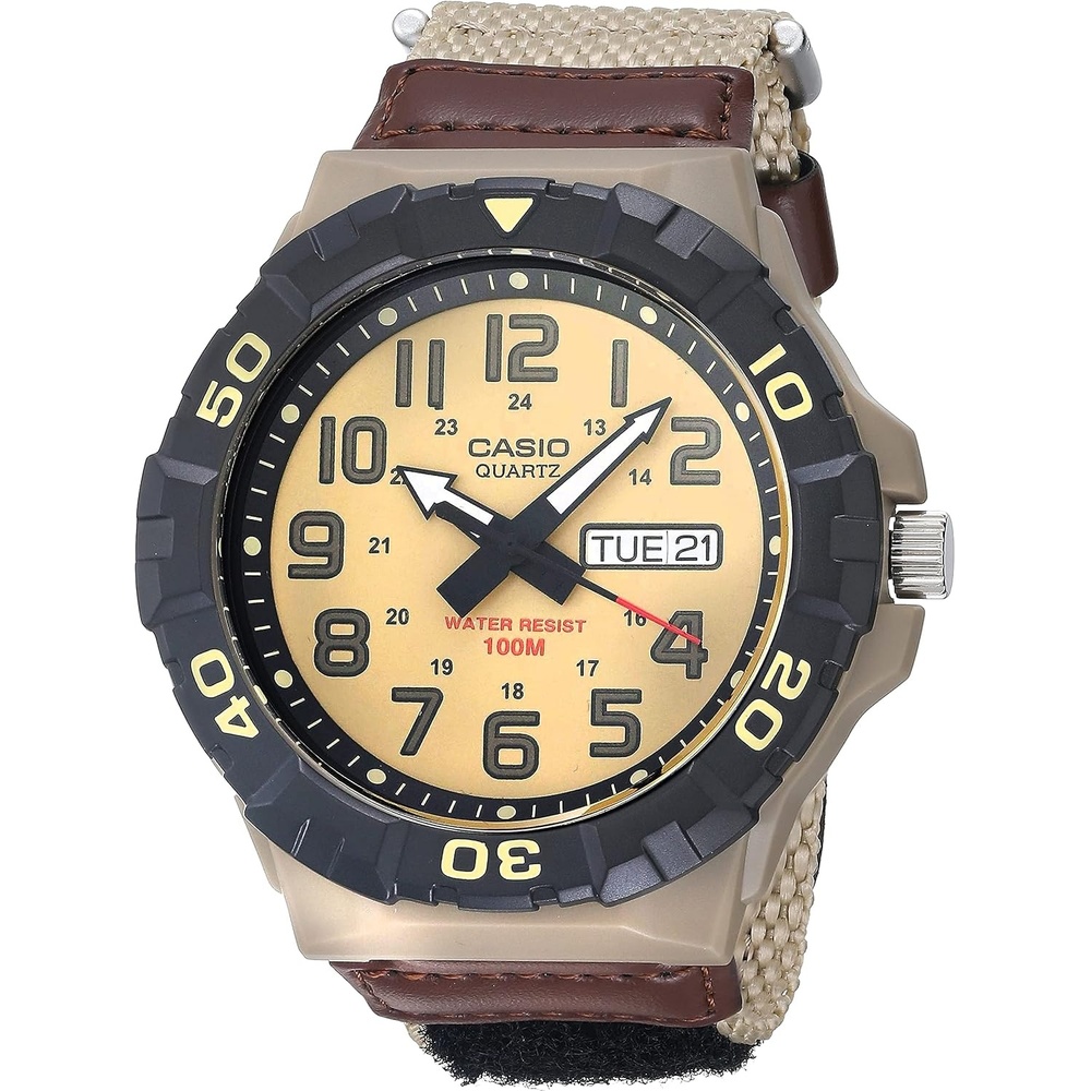 image:imageCasio MRW200H Series  Mens Analog Watch  Sporty Design  100 Meter Water Resistance  Date Display  Rotary Bezel  Regular Time Keeping HR Min SEC PM Date Day  3 Year BatteryKhaki