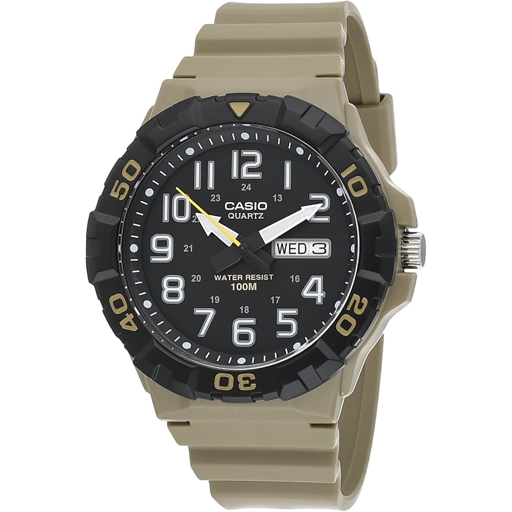 image:imageCasio MRW200H Series Mens Analog Watch Sporty Design 100 Meter Water Resistance Date Display Rotary Bezel Regular Time Keeping HR Min SEC PM Date Day 3 Year BatteryBeigeBlack