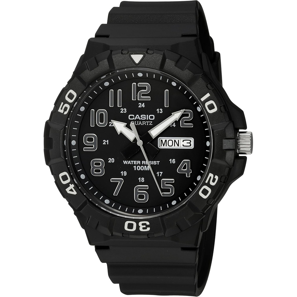 image:imageCasio MRW200H Series  Mens Analog Watch  Sporty Design  100 Meter Water Resistance  Date Display  Rotary Bezel  Regular Time Keeping HR Min SEC PM Date Day  3 Year BatteryBlackWhite