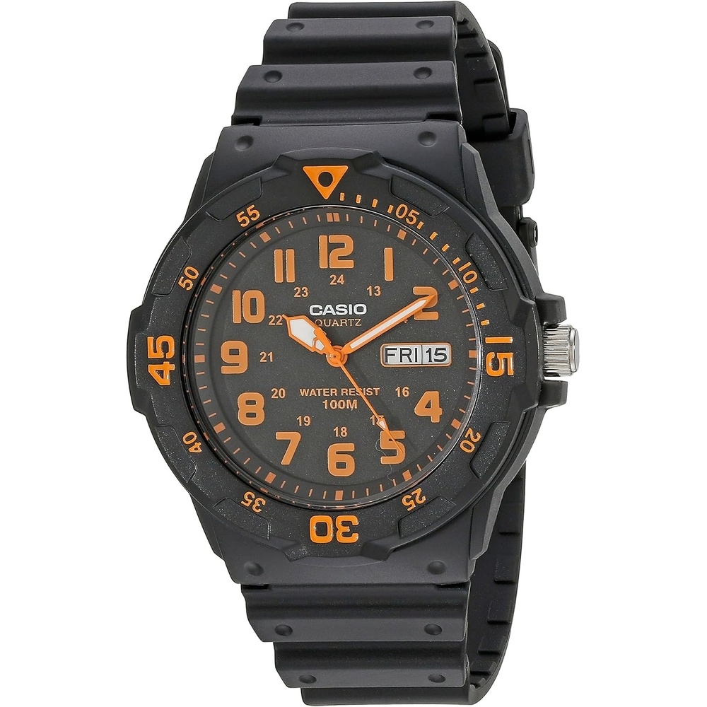 image:imageCasio MRW200H Series  Unisex Analog Watch  100M WR  Stainless Steel Case  Resin Band  2 Hand Analog HR Min SEC  Date Display  Screw Down CrownScrew Down Caseback  3 Year BatteryBlackRed