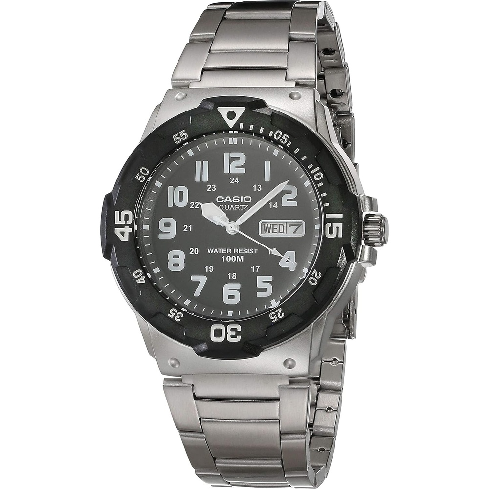 image:imageCasio MRW200H Series  Unisex Analog Watch  100M WR  Stainless Steel Case  Resin Band  2 Hand Analog HR Min SEC  Date Display  Screw Down CrownScrew Down Caseback  3 Year BatterySilver