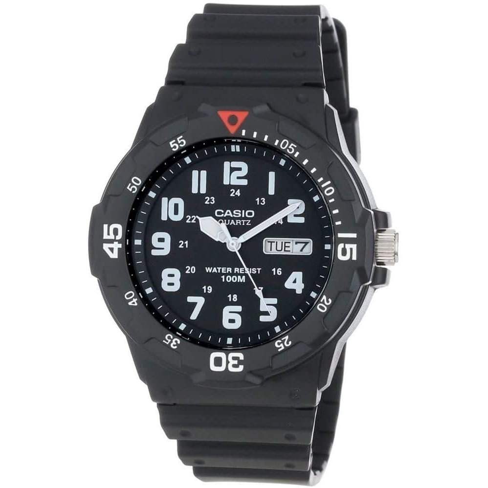 image:imageCasio MRW200H Series Unisex Analog Watch 100M WR Stainless Steel Case Resin Band 2 Hand Analog HR Min SEC Date Display Screw Down CrownScrew Down Caseback 3 Year BatteryStandard