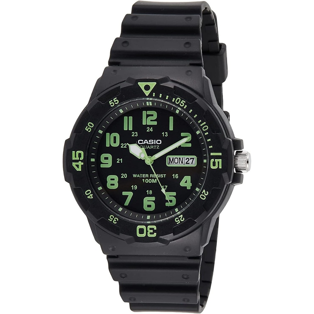 image:imageCasio MRW200H Series Unisex Analog Watch 100M WR Stainless Steel Case Resin Band 2 Hand Analog HR Min SEC Date Display Screw Down CrownScrew Down Caseback 3 Year BatteryBlackGreen