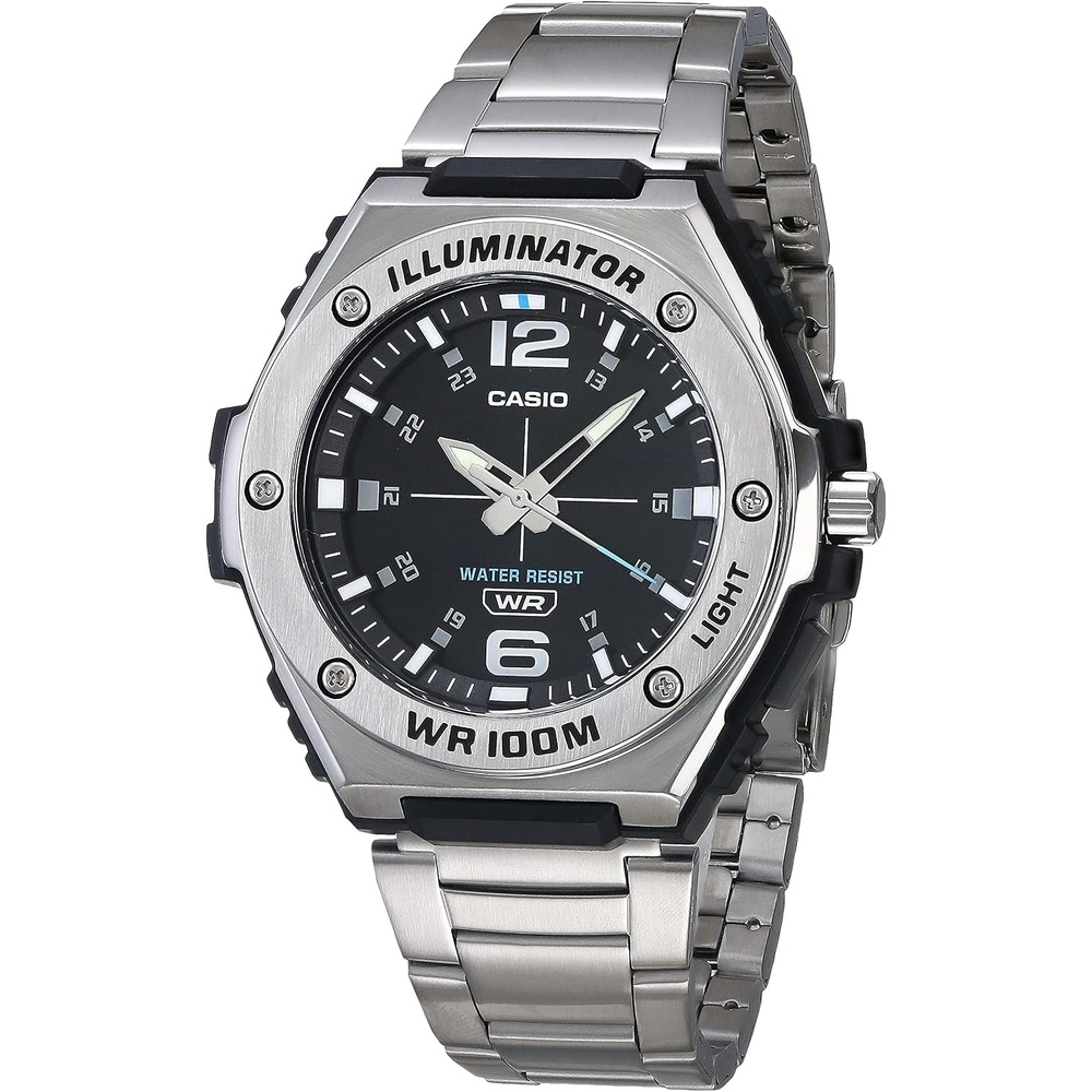 image:imageCasio MWA100H Series Mens Analog Watch 100M WR Stainless Steel Bezel LED Illuminator Backlight with Afterglow Resin Band 3 Hands HR MIN SEC 3 Year BatterySilver