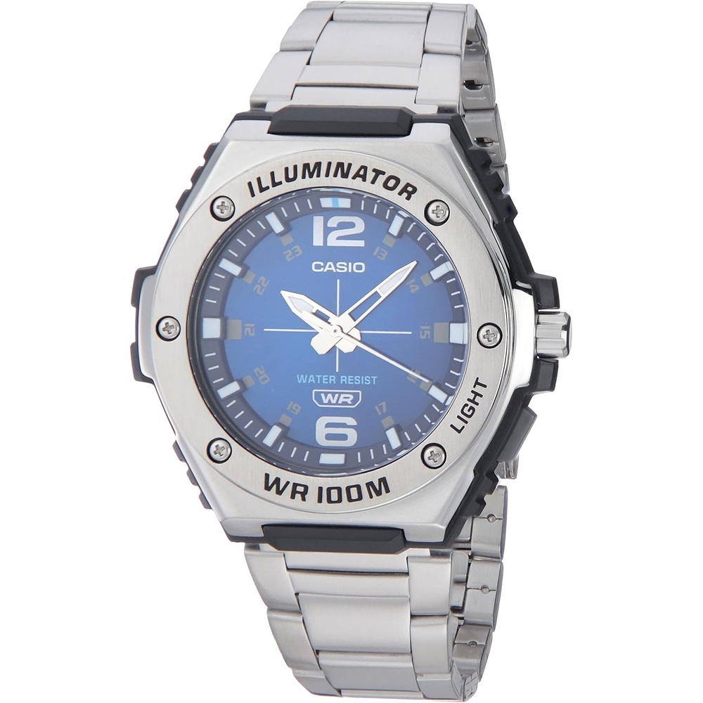 image:imageCasio MWA100H Series Mens Analog Watch 100M WR Stainless Steel Bezel LED Illuminator Backlight with Afterglow Resin Band 3 Hands HR MIN SEC 3 Year BatteryBlueSilver