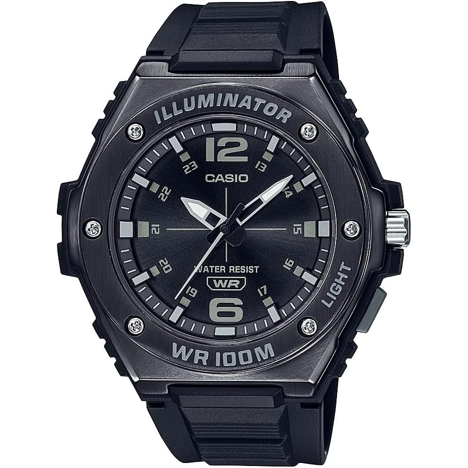 image:imageCasio MWA100H Series Mens Analog Watch 100M WR Stainless Steel Bezel LED Illuminator Backlight with Afterglow Resin Band 3 Hands HR MIN SEC 3 Year BatteryBlackBlack
