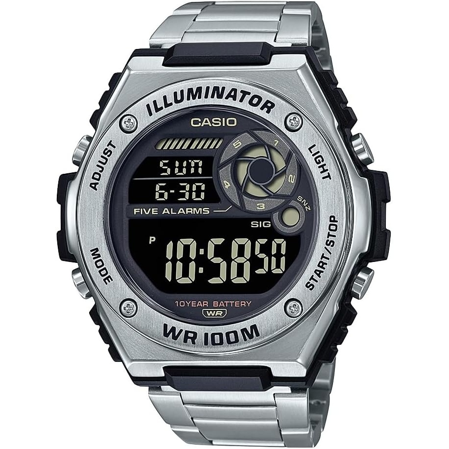 image:imageCasio MWD100H Series Mens Digital Watch 1100 SEC Stopwatch Countdown Timer LED Light 100 Meter Water Resistance Multi Function Alarm Auto Calendar Dual Time 10 Yr BatterySilverBlack
