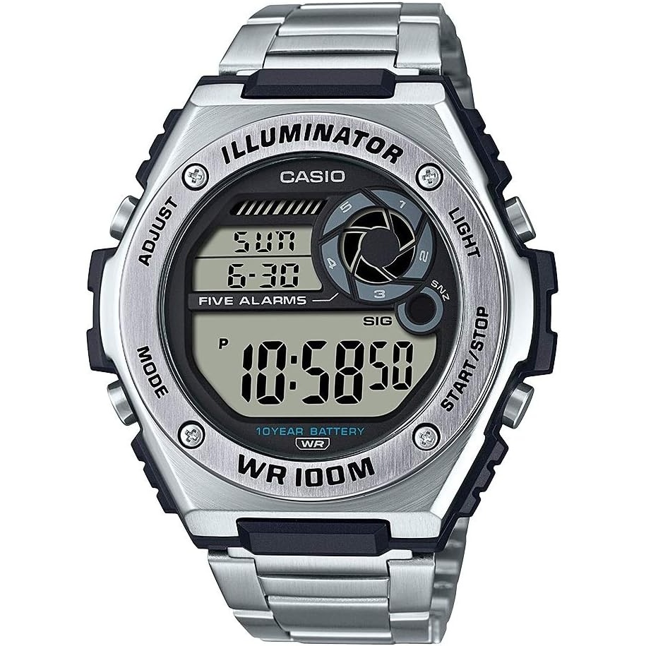 image:imageCasio MWD100H Series Mens Digital Watch 1100 SEC Stopwatch Countdown Timer LED Light 100 Meter Water Resistance Multi Function Alarm Auto Calendar Dual Time 10 Yr BatterySilver