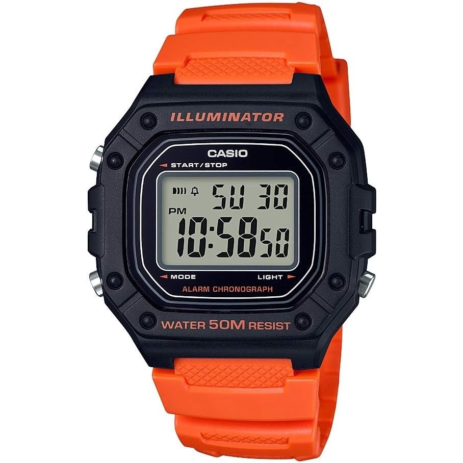 image:imageCasio W218H Series Mens Digital Watch 50M WR 1100 Second Stopwatch 100 SEC Chronograph LED Backlight Countdown Timer Daily Alarm Hourly Time Signal 7 Year BatteryBlackOrange