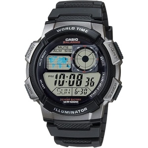 Casio AE1000W Series | Men’s Digital Watch | 100M WR | Multi Alarms | 100 SEC Stopwatch | Countdown Timer | World Map for World Time | LED Light | LC Analog Display | 10 Year Battery(Black/Black)