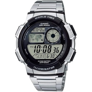 Casio AE1000W Series | Men’s Digital Watch | 100M WR | Multi Alarms | 100 SEC Stopwatch | Countdown Timer | World Map for World Time | LED Light | LC Analog Display | 10 Year Battery(Silver)