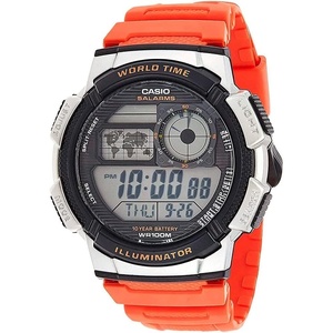 Casio AE1000W Series | Men’s Digital Watch | 100M WR | Multi Alarms | 100 SEC Stopwatch | Countdown Timer | World Map for World Time | LED Light | LC Analog Display | 10 Year Battery(Orange)