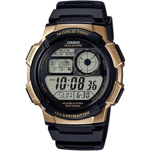 Casio AE1000W Series | Men’s Digital Watch | 100M WR | Multi Alarms | 100 SEC Stopwatch | Countdown Timer | World Map for World Time | LED Light | LC Analog Display | 10 Year Battery(Black/Gold)