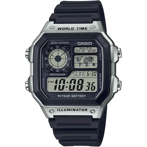Casio AE1200WH Series | Men’s Digital Watch | 100M WR | Multi Alarms | 100 SEC Stopwatch | Countdown Timer | World Map for World Time | LED Light | LC Analog Display | 10 Year Battery(Black)