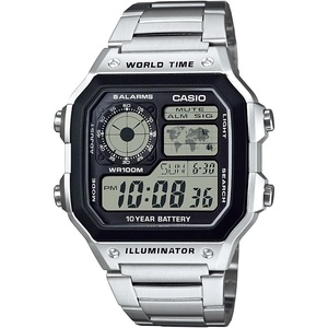 Casio AE1200WH Series | Men’s Digital Watch | 100M WR | Multi Alarms | 100 SEC Stopwatch | Countdown Timer | World Map for World Time | LED Light | LC Analog Display | 10 Year Battery(Silver)