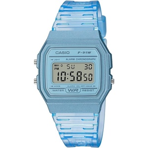 Casio F91W Series | Digital Watch | Water Resistant | LED Light | 1/100 SEC Stopwatch | Regular Time Keeping (HR, Min, SEC, PM, Date, Day) | Daily Alarm | Lightweight | 7 Year Battery(Clear Blue)