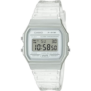 Casio F91W Series | Digital Watch | Water Resistant | LED Light | 1/100 SEC Stopwatch | Regular Time Keeping (HR, Min, SEC, PM, Date, Day) | Daily Alarm | Lightweight | 7 Year Battery(Clear)