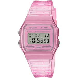 Casio F91W Series | Digital Watch | Water Resistant | LED Light | 1/100 SEC Stopwatch | Regular Time Keeping (HR, Min, SEC, PM, Date, Day) | Daily Alarm | Lightweight | 7 Year Battery(Clear Pink)