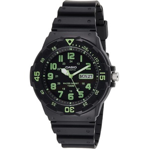 Casio MRW200H Series | Unisex Analog Watch | 100M WR | Stainless Steel Case | Resin Band | 2 Hand Analog (HR, Min, SEC) | Date Display | Screw Down Crown/Screw Down Caseback | 3 Year Battery(Black/Green)