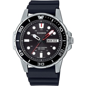 Casio MTPS110 Series | Unisex Analog Watch | 100M WR | Stainless Steel Case | 3 Hand Analog (HR, Min, SEC) | Date Display | Low Battery Alert | Diver Inspired Styling | Solar Powered(Black)