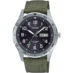 Casio MTPS120L Series | Unisex Analog Watch | 100M WR | Stainless Steel Case | 3 Hand Analog (HR, Min, SEC) | Date Display | Low Battery Alert | Military Styling | Solar Powered(Green)
