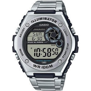 Casio MWD100H Series | Men’s Digital Watch | 1/100 SEC Stopwatch | Countdown Timer | LED Light | 100 Meter Water Resistance | Multi Function Alarm | Auto Calendar | Dual Time | 10 Yr Battery(Silver)