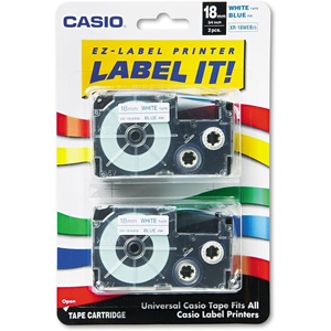 Casio XR-18WEB2S, 1/2″(18mm) Labelling Tape, Blue on White, Pack of 2