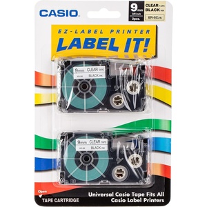 Casio XR-9X2S, 1/4″(9mm) Labelling Tape, Black on Clear, Pack of 2